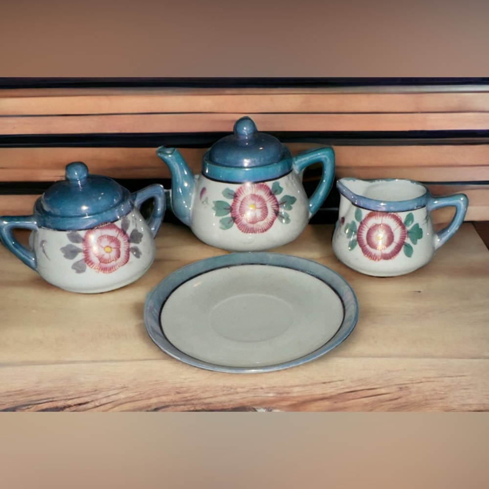 Lusterware Miniature teapot, creamer, sugar made Japan with TA stamped saucer